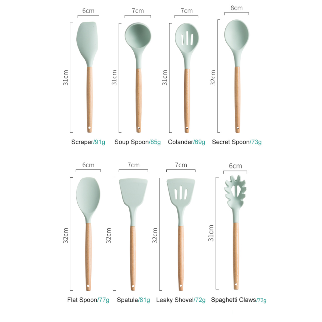 Køkkenredskaber i silikone med træ håndtag - 8 Dele - Mint Grøn