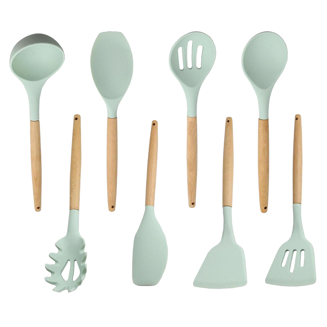 Køkkenredskaber i silikone med træ håndtag - 8 Dele - Mint Grøn