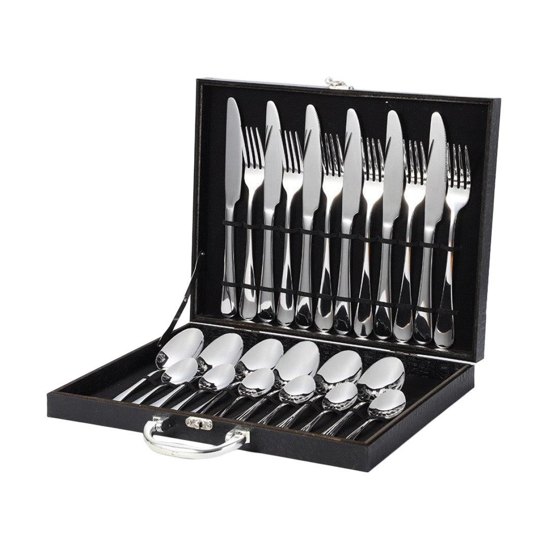 Bestiksæt - Sølvfarvet i Rustfrit Stål - 24 Dele i Gaveæske