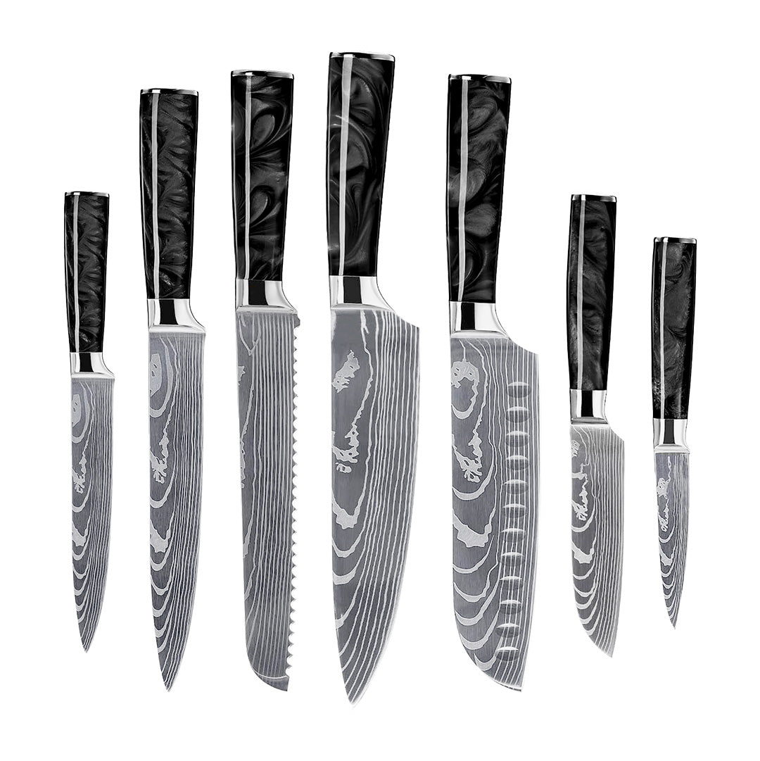 Damaskus Mønstret Knivsæt - 7 Knive - Sort