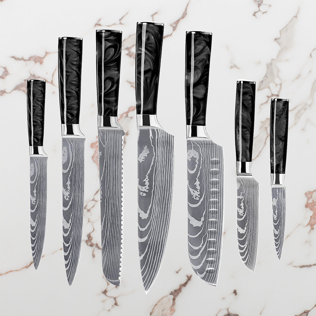 Damaskus Mønstret Knivsæt - 7 Knive - Sort