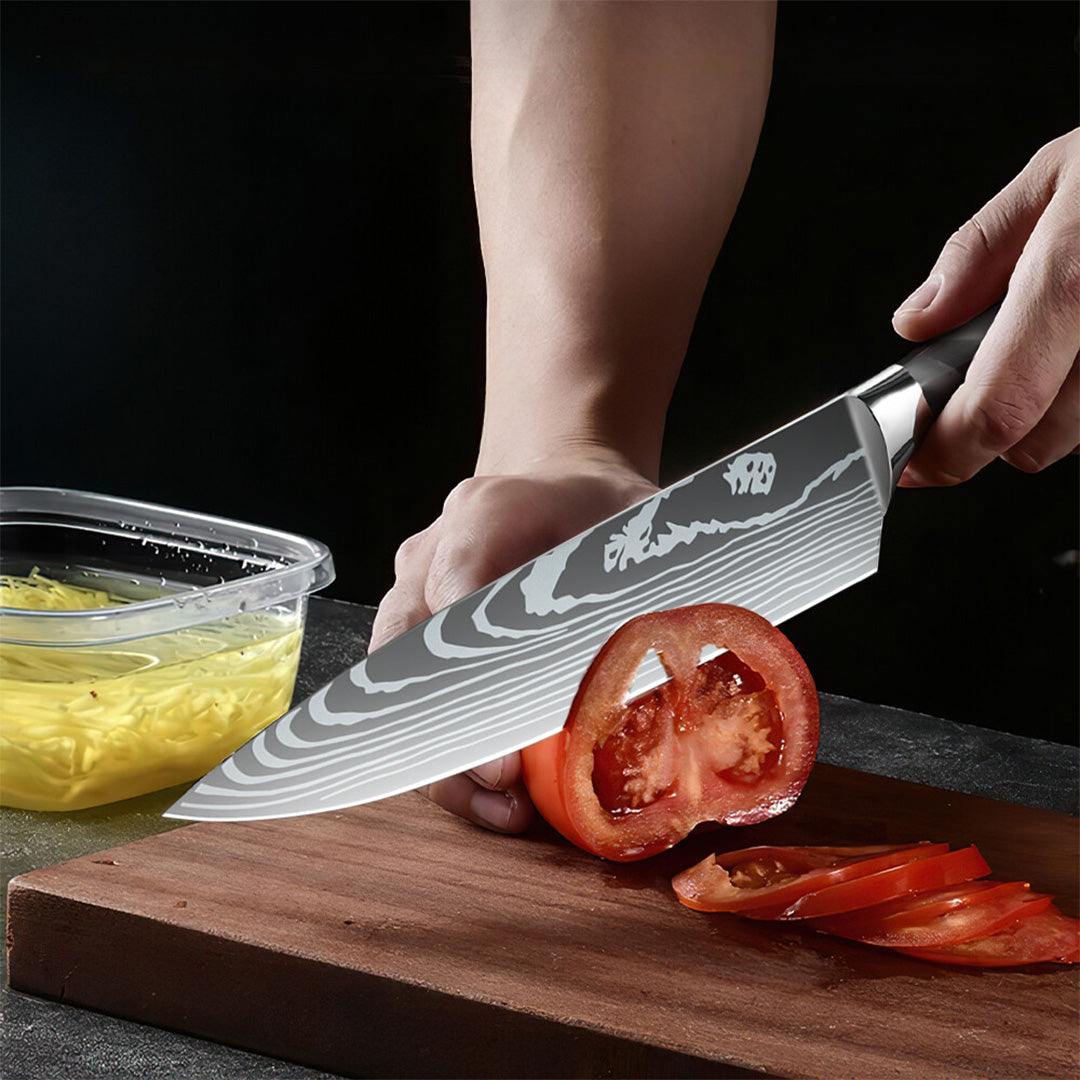 Damaskus Mønstret Knivsæt - 7 Knive - Sort