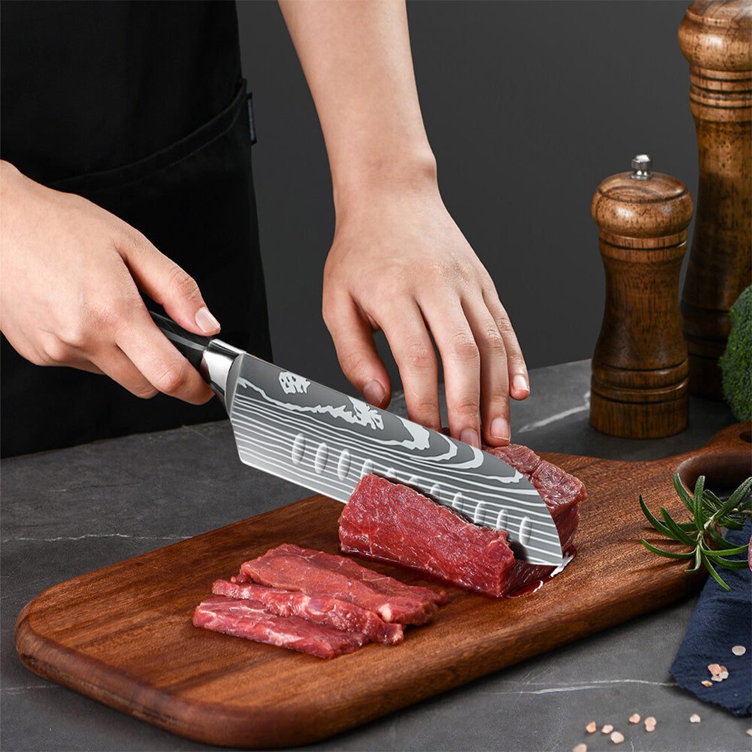 Damaskus Mønstret Knivsæt - 7 Knive - Sort