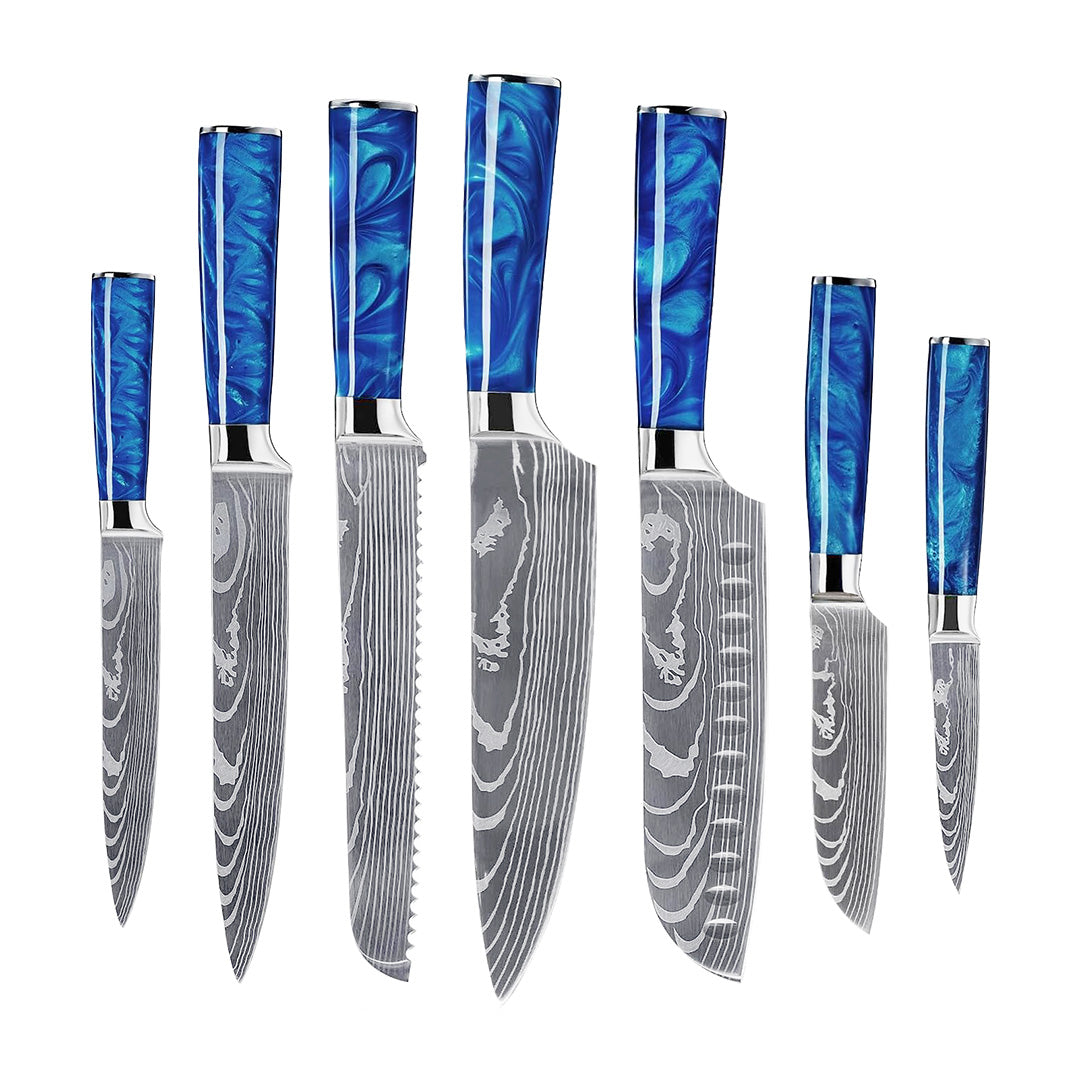 Damaskus Mønstret Knivsæt - 7 Knive - Blå