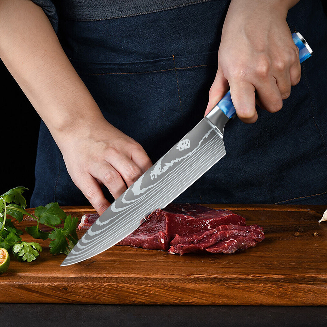 Damaskus Mønstret Knivsæt - 7 Knive - Blå