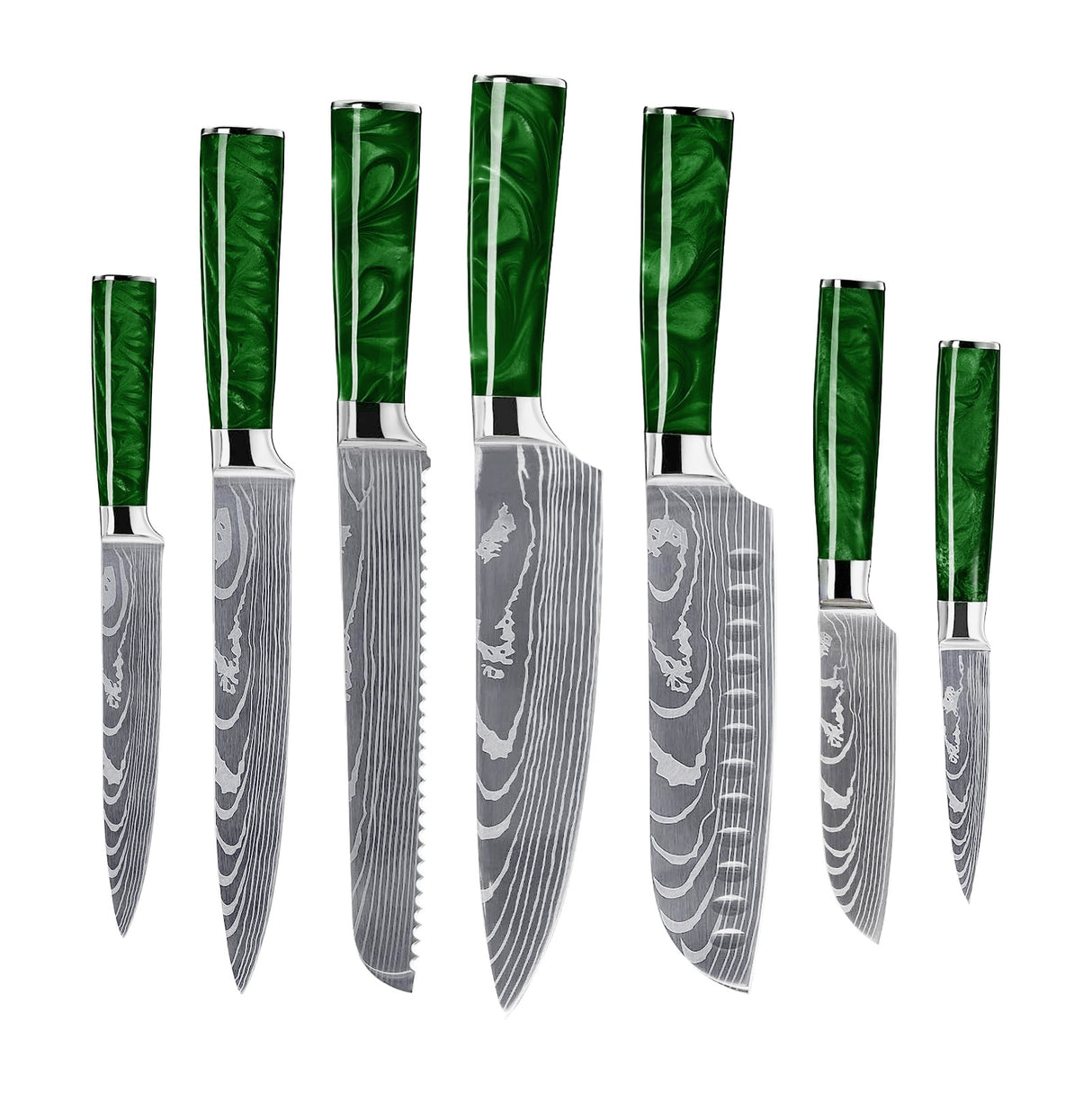 Damaskus Mønstret Knivsæt - 7 Knive - Grøn