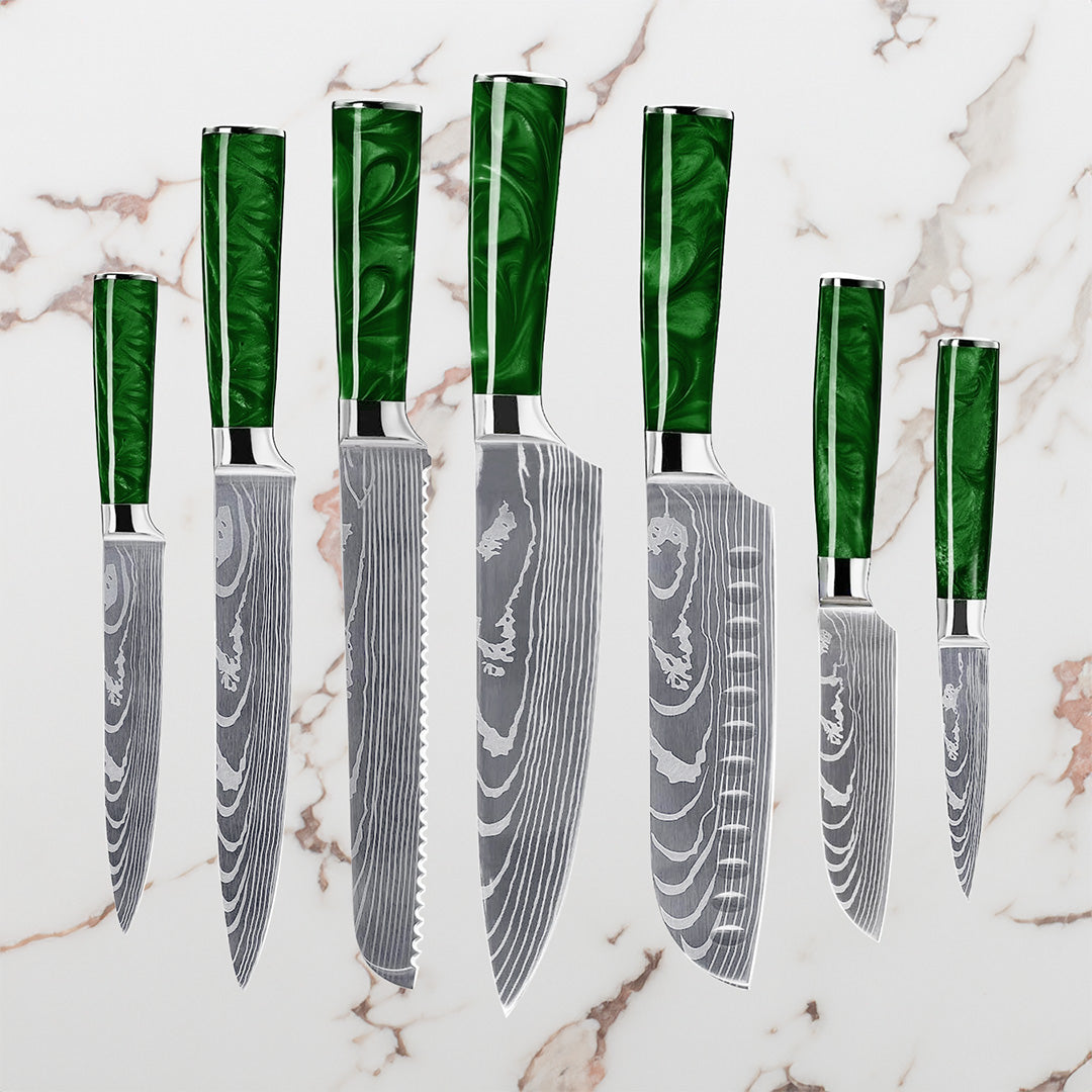 Damaskus Mønstret Knivsæt - 7 Knive - Grøn