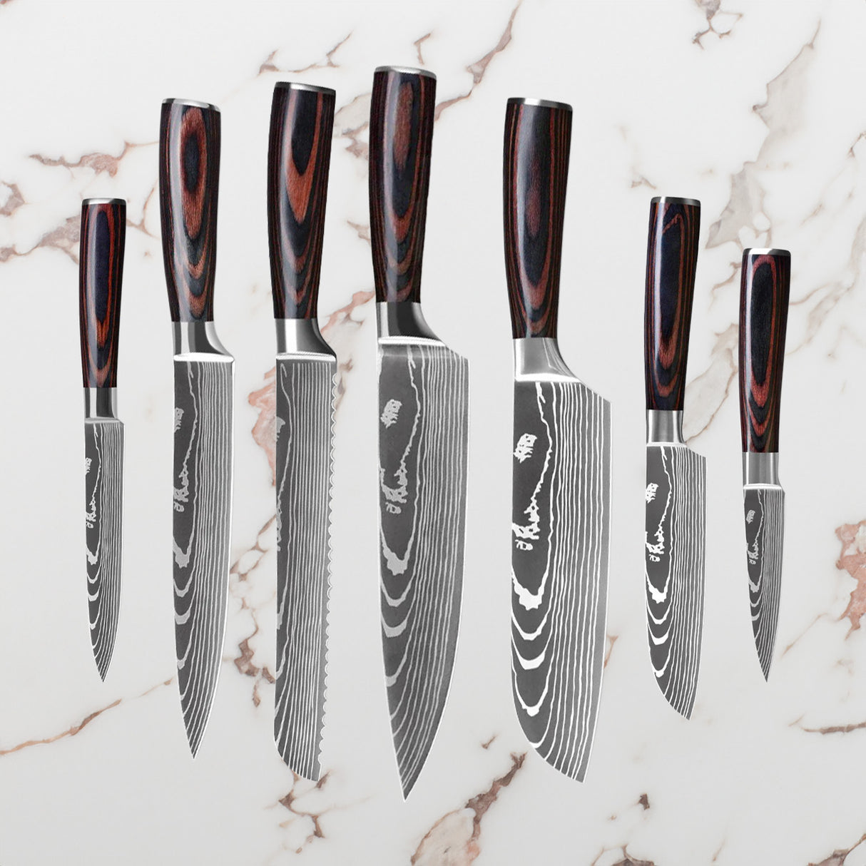 Damaskus Mønstret Knivsæt - 7 Knive