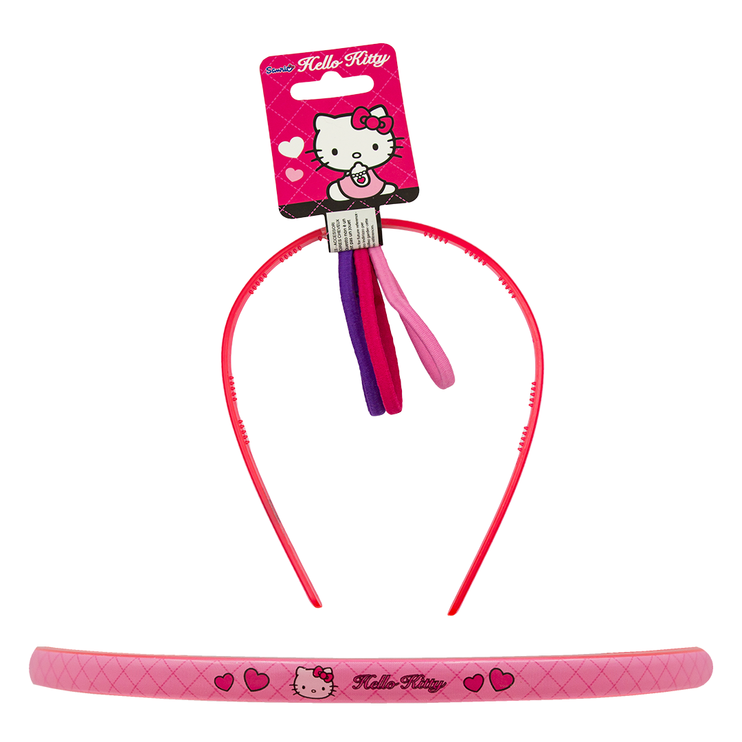 Hello Kitty - Hårbøjle + 3 Hårelastikker - Stribet eller Ternet