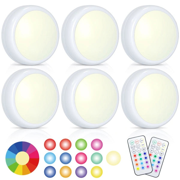 LED-spotlights - 6 stk. Trådløs LED Spots m. 2 fjernbetjeninger RGB-design 13 farver