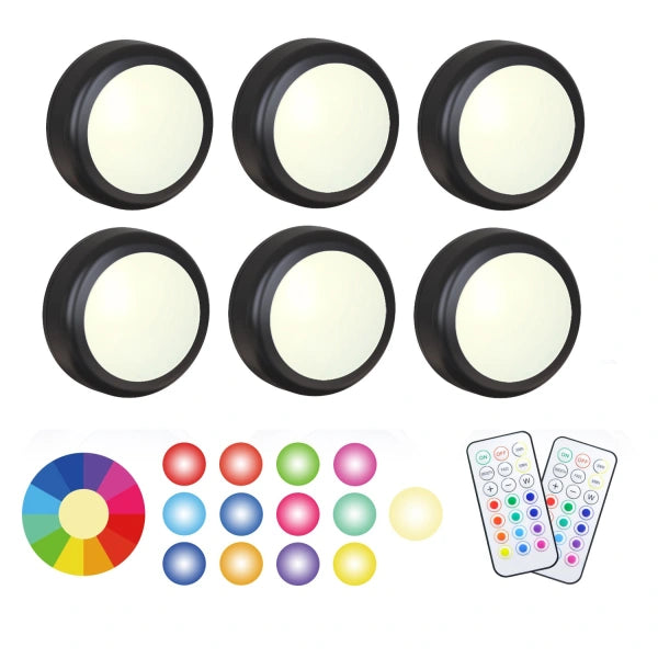 LED-spotlights - 6 stk. Trådløs LED Spots m. 2 fjernbetjeninger RGB-design 13 farver