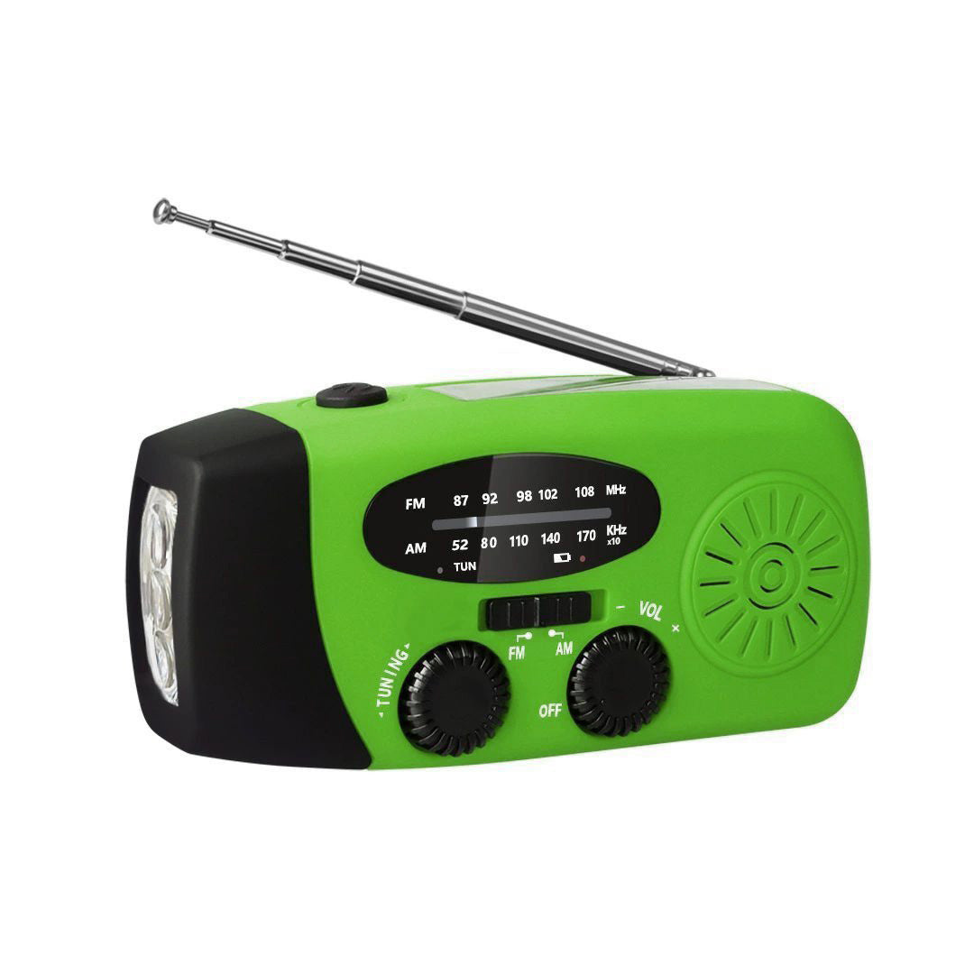 Nødradio med Håndsving Opladning - Indbygget Solceller, Lygte & Powerbank