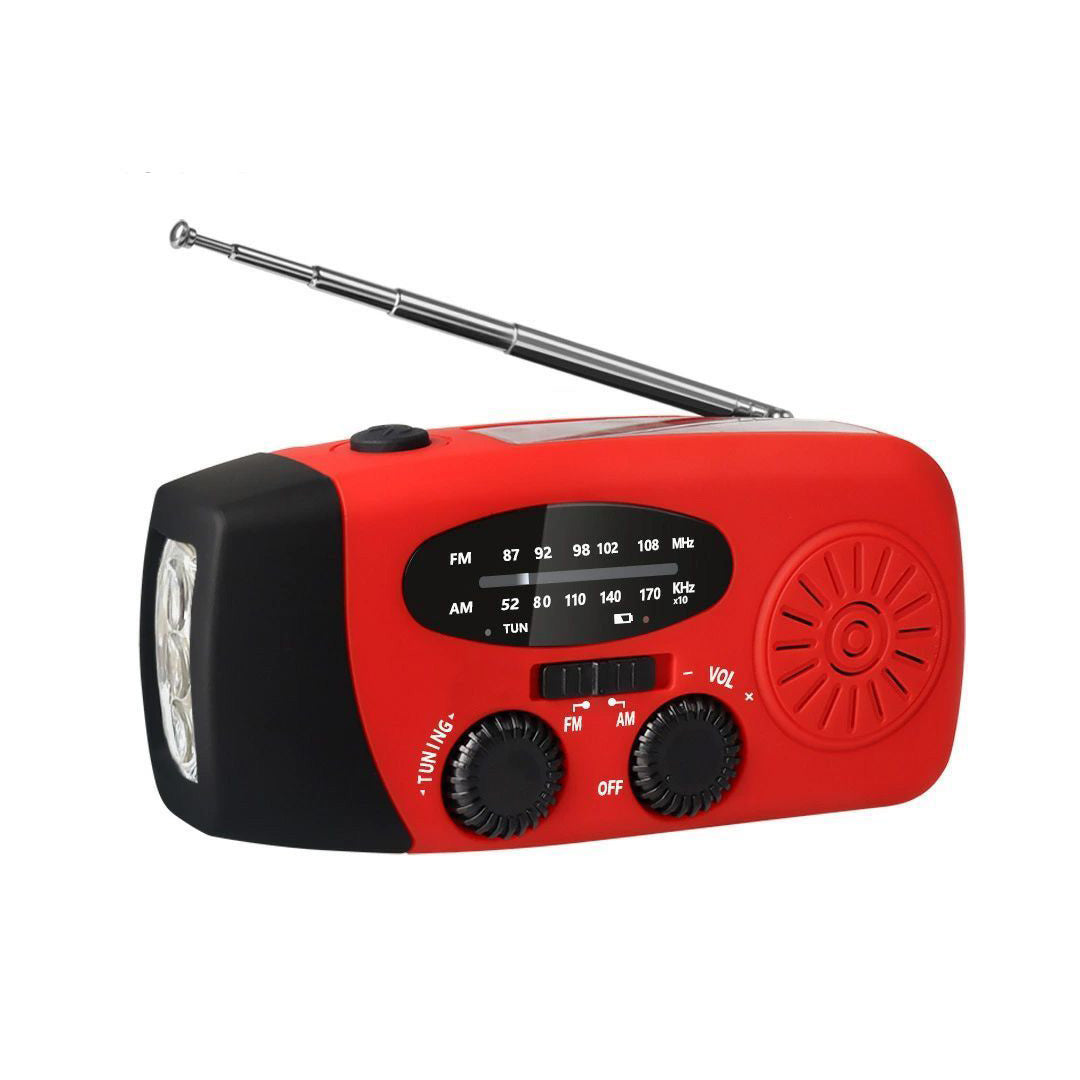 Nødradio med Håndsving Opladning - Indbygget Solceller, Lygte & Powerbank