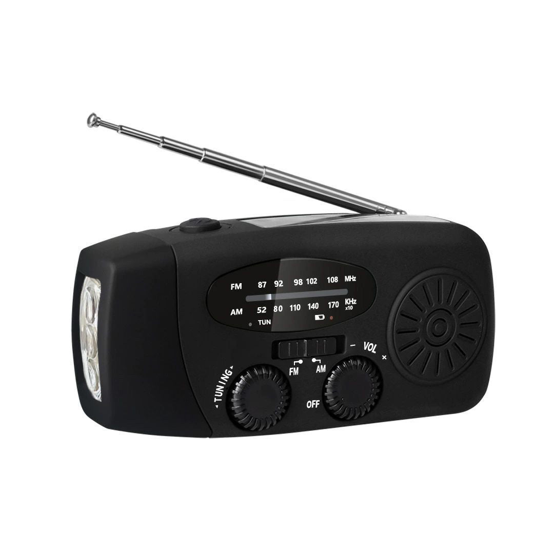 Nødradio med Håndsving Opladning - Indbygget Solceller, Lygte & Powerbank