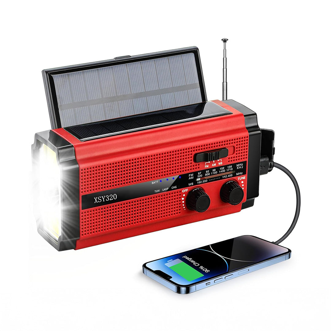 Nødradio PRO - Håndsving, Solceller, Lygte, SOS, AM-FM & Powerbank - kan bruges med AAA Batterier