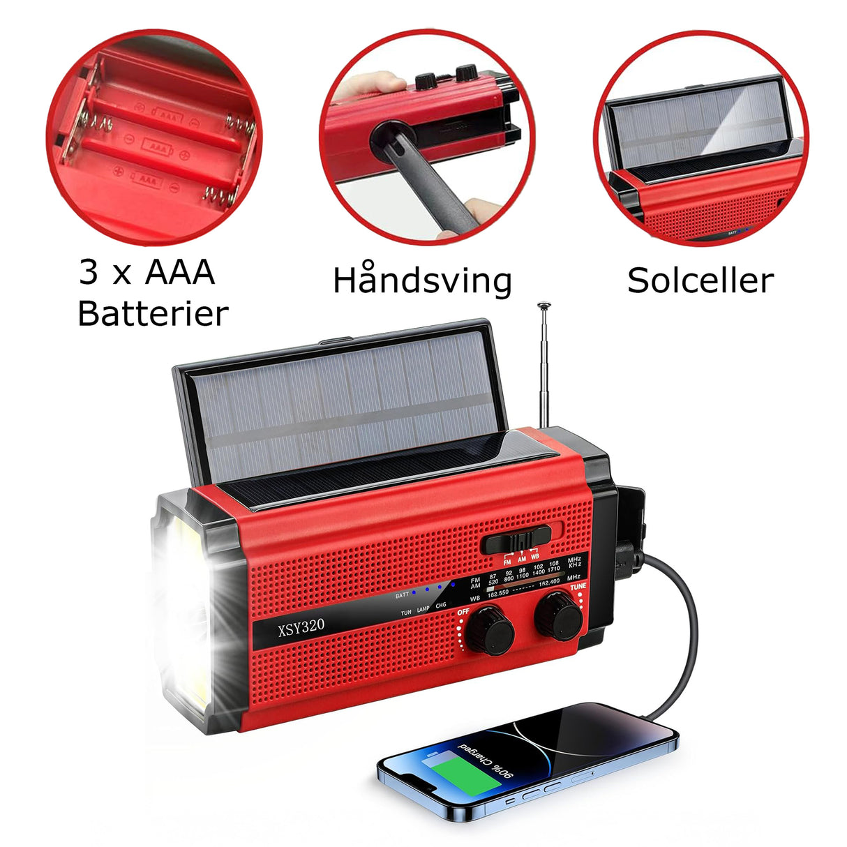 Nødradio PRO - Håndsving, Solceller, Lygte, SOS, AM-FM & Powerbank - kan bruges med AAA Batterier