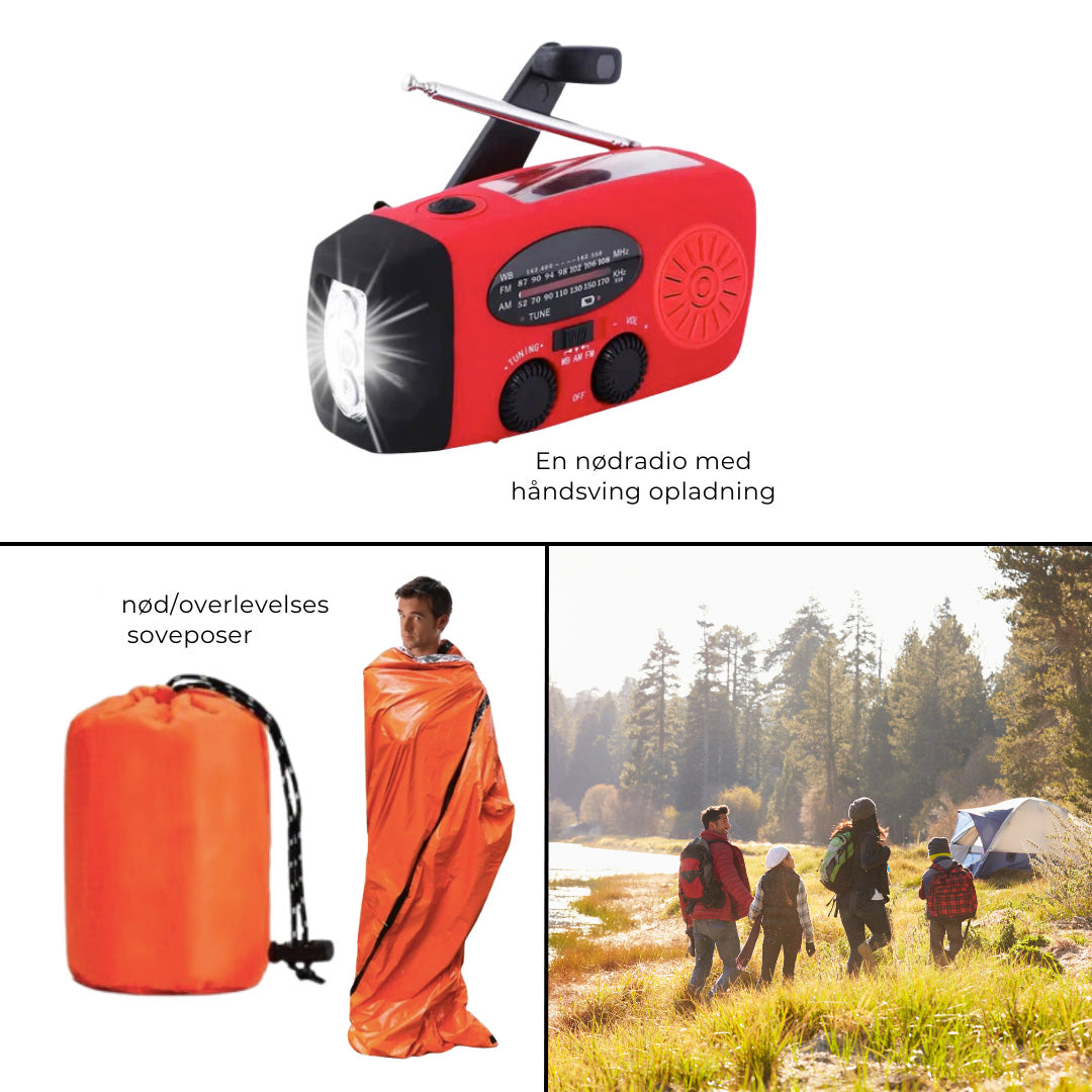 Nødpakke - Nødradio + Nød-/Overlevelsessoveposer