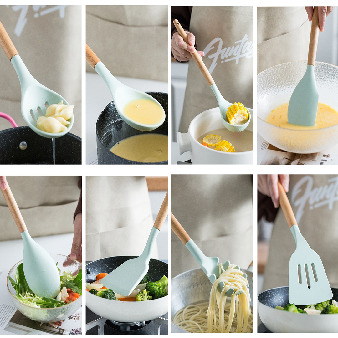 Køkkenredskaber i silikone med træ håndtag - 8 Dele - Mint Grøn