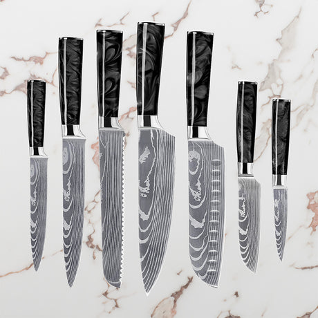 Damaskus Mønstret Knivsæt - 7 Knive - Sort