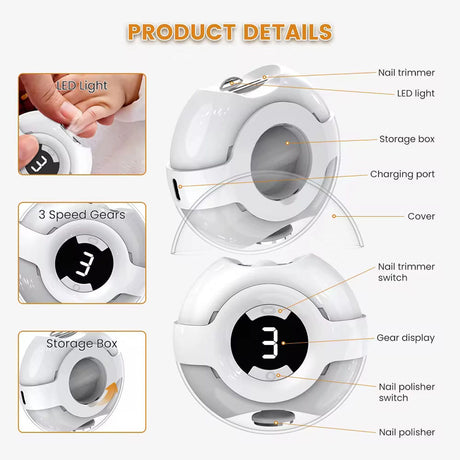 Trådløs Elektrisk Neglefil - Genopladelig med indbygget LED Lys