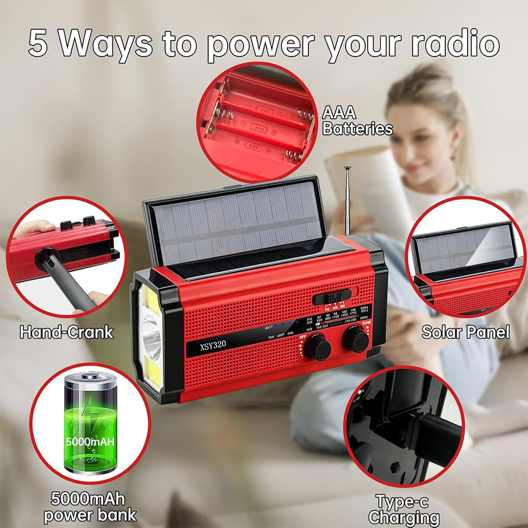 Nødradio PRO - Håndsving, Solceller, Lygte, SOS, AM-FM & Powerbank - kan bruges med AAA Batterier