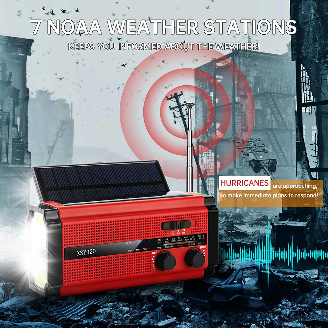 Nødradio PRO - Håndsving, Solceller, Lygte, SOS, AM-FM & Powerbank - kan bruges med AAA Batterier