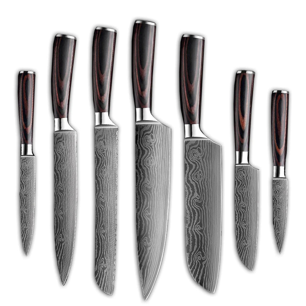 Damaskus mønstret knivsæt - 7 Knive